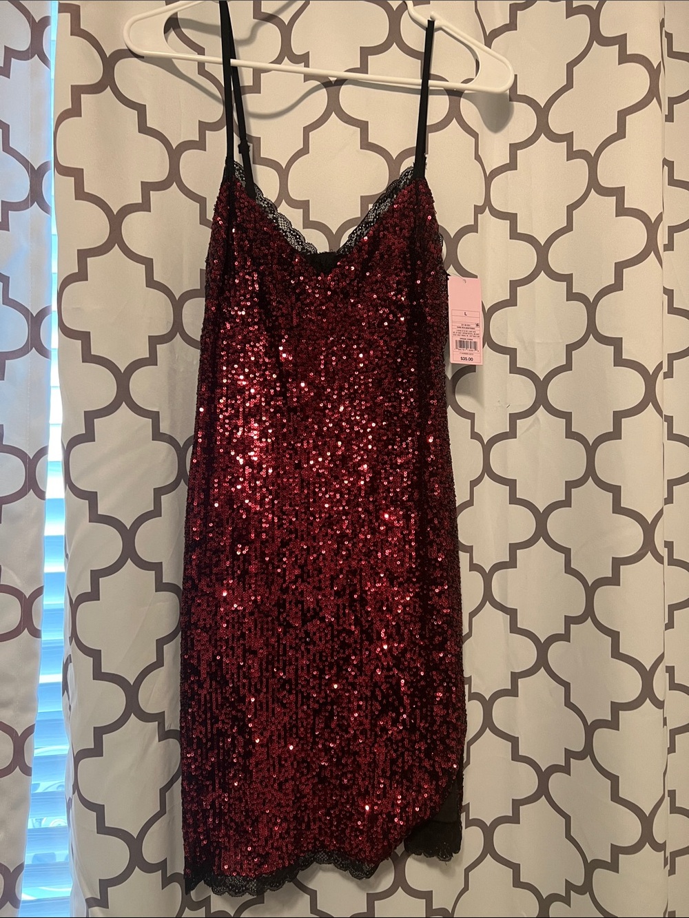 wild fable Burgundy Sequin Slip Dress with Black Lace Trim
